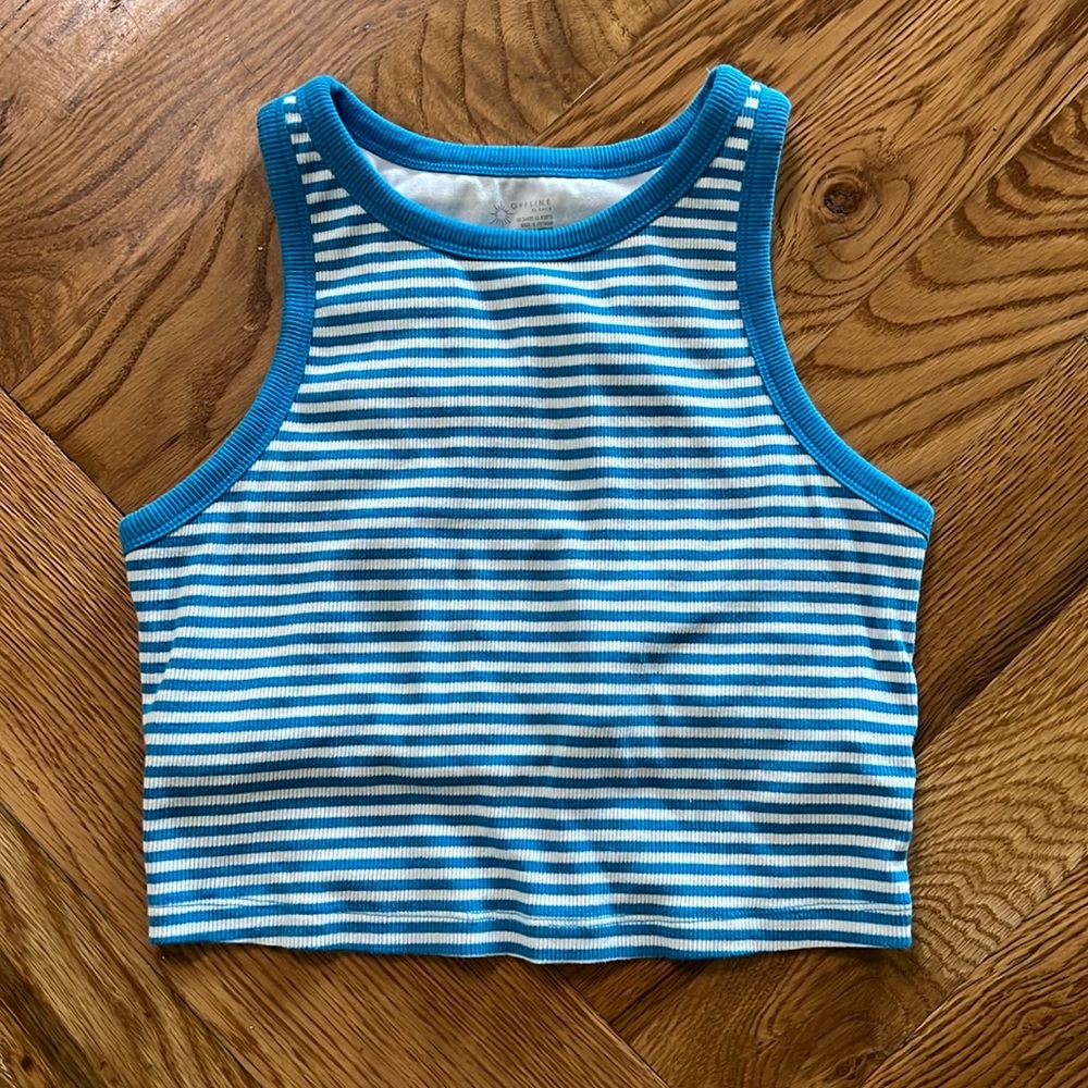 Offline by Aerie Cropped Striped Blue and White Tank Top